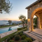 Luxury Mediterranean villa with a swimming pool and stone archway overlooking the sea.