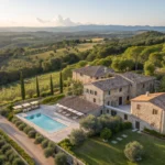 Aerial view of a large private estate with two villas and a shared pool.