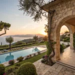 Luxury Mediterranean villa with a swimming pool and stone archway overlooking the sea.